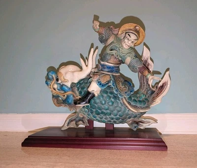 Antique Marked Chinese Roof Tile Warrior Riding Dragon Fish 12x13  - Image 1 of 4