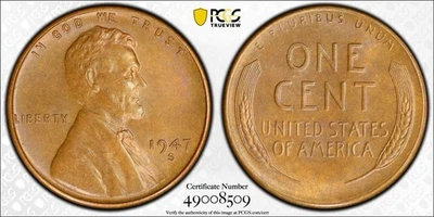 1947-S Lincoln Wheat Cent Penny 1c - PCGS MS65BN CAC - Only 3 Higher - Image 1 of 3