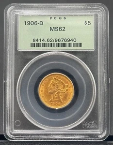 1906 D $5 Liberty Half Eagle Gold Coin, PCGS MS 62, OGH Holder, 1st Year Denver - Picture 1 of 5