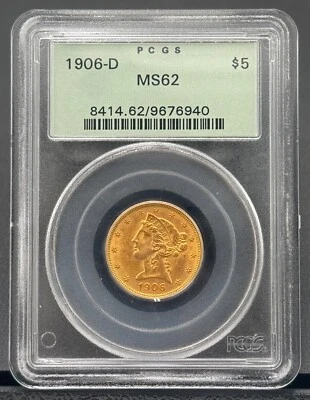 1906 D $5 Liberty Half Eagle Gold Coin, PCGS MS 62, OGH Holder, 1st Year Denver - Image 1 of 4