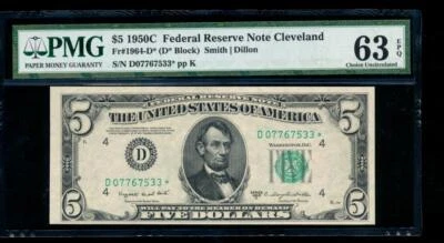 AC 1950C $5 Cleveland STAR FRN PMG 63 EPQ D-* block Fr 1964-D* - Image 1 of 2