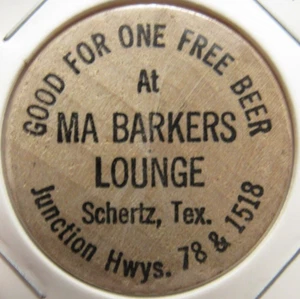 Vintage Ma Barkers Lounge Schertz, TX Wooden Nickel - Medaille Texas - Bild 1 von 2