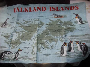 Vintage Falkland Islands Penguins and Map Tea Towel, Irish Linen, Ulster Weavers - Picture 1 of 4