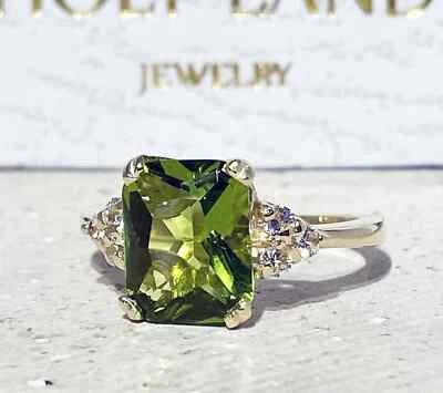 6.30Ct Emerald Cut Natural Peridot  Diamond Wedding Ring 14K Solid White Gold - Image 1 of 4