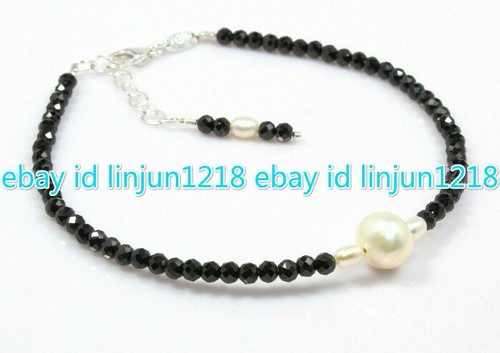 VALENTINO Bracciale perle tonde naturali 4 mm spinello nero sfaccettato e gemme perle bianche 7 5"