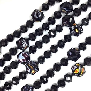 Black White Paint Crystal Faceted Hexagon Bead Flat Oval Bead 16" - Bild 1 von 10