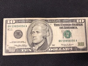 1999 US $10 Ten Dollar Bill SERIAL # BK 59856056 A Federal Reserve Note - Picture 1 of 2