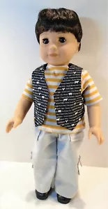 18" Doll Clothes Boys Black Vest Gold Striped T shirt Gray Cargo Pants - Picture 1 of 3