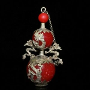 Old Chinese tibet silver Inlaid red turquoise handmade Gourd snuff bottle - Picture 1 of 9