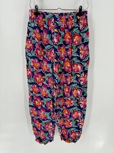 Peppermint Bay Pants Womens Medium Blue Pink Floral Elastic Waist Casual Rayon - Picture 1 of 14