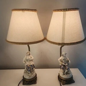 Vintage Victorian Porcelain Lady & a Gentleman Lamp w/ Lamp Shade - Picture 1 of 24