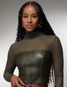 NWT Bebe Collection Vegan Leather Mesh Bustier Mock Neck Top Olive Medium $98 - Picture 1 of 14