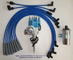 MOPAR 273 318 340 360 BLUE SMALL Cap HEI Distributor + 45K Coil + Plug Wires USA - Picture 1 of 5