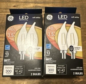 Lot of 2 Boxes of 2 bulbs GE LED 3.5W 40W soft white LED CAC 300 lumens bent tip - Picture 1 of 2
