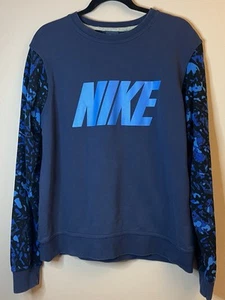 Nike Crew Neck Sweatshirt Navy Blue Men's Logo Graphic with Camo Sleeves Large - Picture 1 of 9