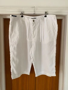 M&S Pure Linen Cropped Trousers Size 42 White Long Shorts Summer Casual Holiday - Picture 1 of 9