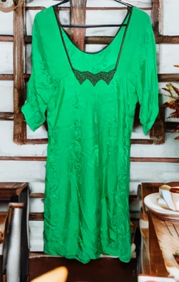 rare early 2000s mayle vivid green silk dress with brown lace and sarin accents - Image 1 of 4