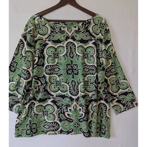 Talbots Woman Top Green Paisley Print 3/4 Sleeve Boat Neck Tee Blouse Plus 3X - Picture 1 of 7
