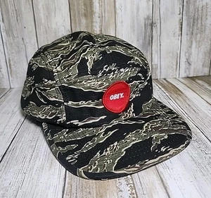 OBEY Circle Patch 5 Panel Tiger Camo Hat Adjustable Strapback Camp Cap - Picture 1 of 12