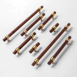 Retro Walnut Wood Cupboard Door Handles Brass Kitchen Cabinet Drawer Knobs Pulls - Picture 1 of 29
