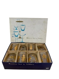 Vintage MCM Libbey Gold Leaf 8 Piece Hostess Set 4 oz Frosted Glasses w/ Box USA - Picture 1 of 8