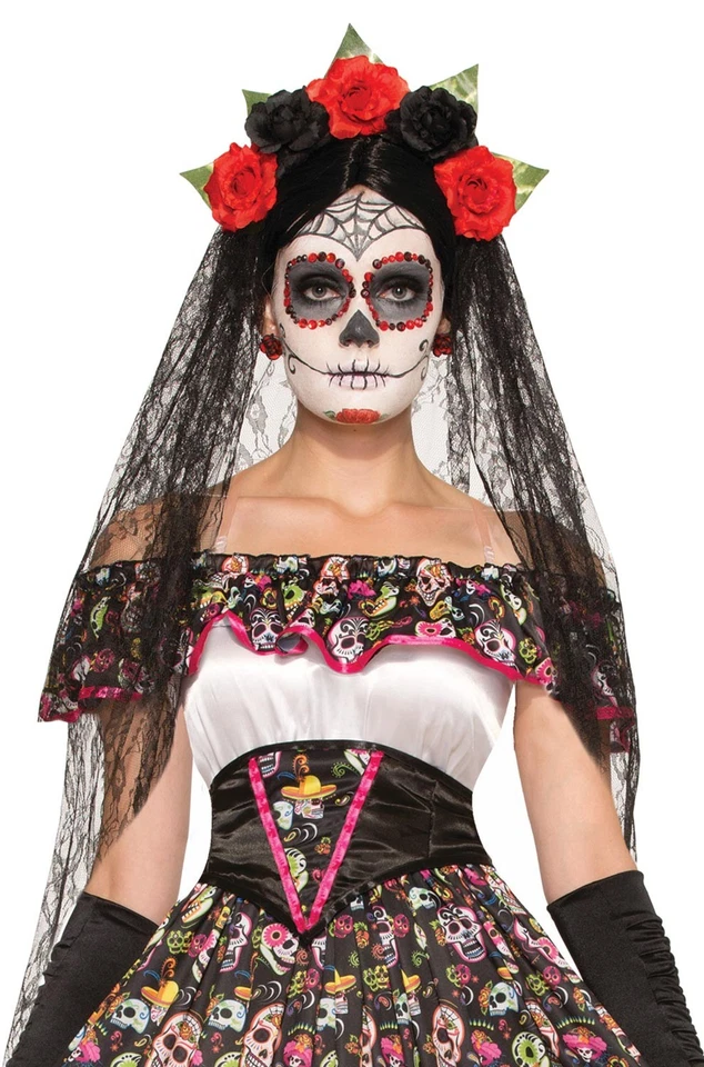 Forum Novelties Day of The Dead Veil Headband Flowers Halloween Costume 74922