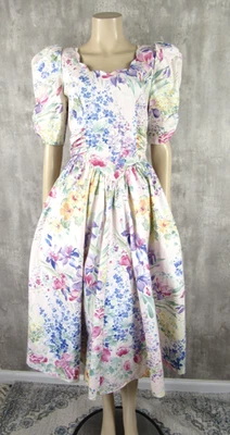 Vestido midi de té vintage años 80 Expo floral mangas hinchadas lazo grande floral algodón S/M Foto 1 de 4