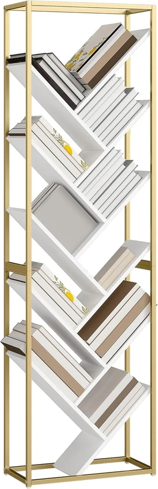 10-Tier Tree Bookshelf Modern White & Gold Tall Display Storage Unit for Home - Image 1 of 4