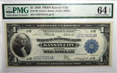 1918 $1 KANSAS CITY DISTRICT FRBN FR#739 PMG CHOICE UNCIRCULATED - 64 EPQ - Image 1 of 2