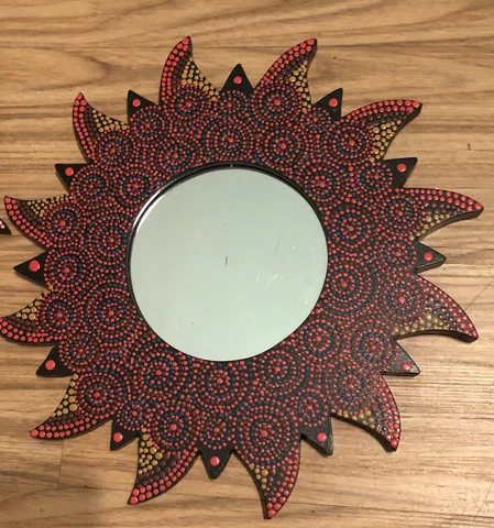 BALI DOT SWIRL MIRROR 11.5” Hand Carved & Painted NEW RED Cover