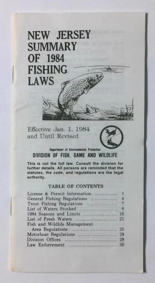 1984 New Jersey Fish Game & Wildlife Fishing Laws License Regulations Booklet - Image 1 of 1