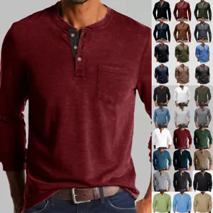 Mens Henley Button Basic V Neck T Shirt Grandad Long Sleeve Casual Tops Shirts - Picture 1 of 45