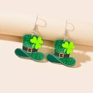 Acrylic Green Clover Hat Pendant Earrings St. Patrick's Day Festival Jewellery - Picture 1 of 22