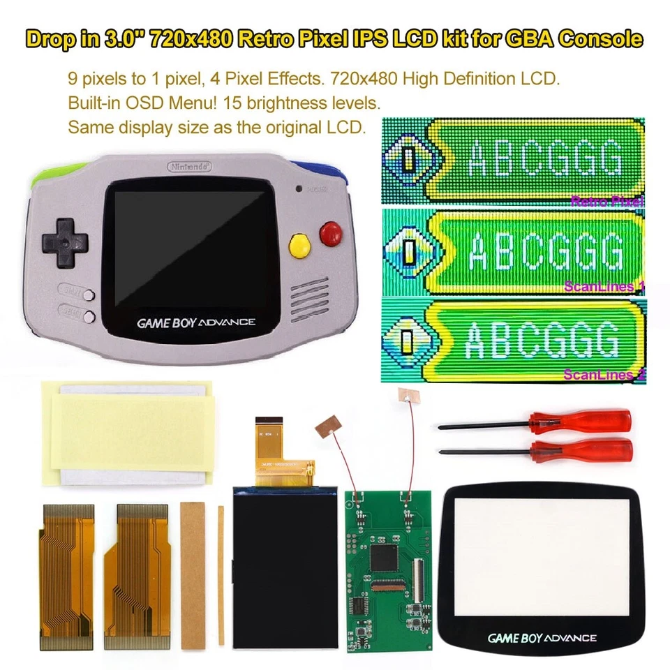 Easy Drop In V5 GBA 3.0" 720x480 Retro Pixel IPS Backlight LCD For Nintendo GBA - Image 1 of 4