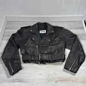 Vintage 90s Cropped Chia Leather Biker Jacket Moto Belt Zip Medium - Picture 1 of 17