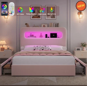 Marco De Cama Plataforma Tapizada en Terciopelo Cama FULL Size Cabecera LED Pink - Picture 1 of 8