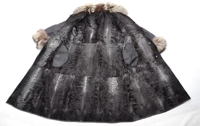 US4562 ABRIGO DE PIEL DE CORDERO PERSA COLA ANCHA GRIS REVERSIBLE CUERO RIBETE DE ZORRO TALLA L Foto 1 de 4