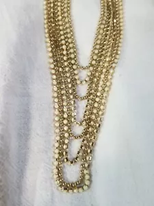 8 STRAND NECKLACE GOLDTONE 4 TINY CREAM RHINESTONES CHAINS 4 TINY BALL CHAIN 36" - Picture 1 of 12