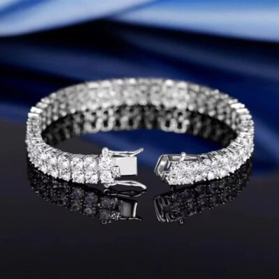 Double Row Full Moissanite Tennis Chain Bracelet Hip Hop 925 Sterling Silver GRA - Image 1 of 4
