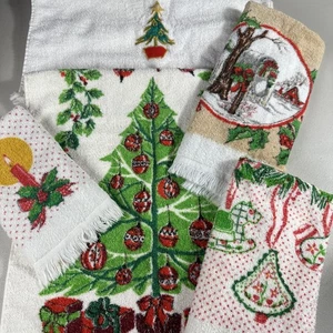 Vintage 5er Set Handtücher Kanone Weihnachtsglocken Kerze Hirsch Fransen USA Vintage - Bild 1 von 15