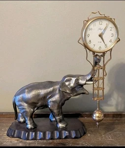 Vintage Fuji Metal Elephant 8-Day Mystery Swinging Clock W/Base 11" Tall "Works" - Picture 1 of 19