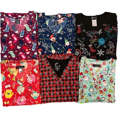 NWT 6 Piece Size 2x Christmas Holiday Printed Scrub Top Bundle 30 - Image 1 of 4