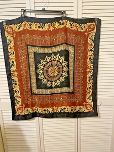 Italian 100% Silk Scarf  Black Rust Gold Print 34” X 32"Square - Picture 1 of 5