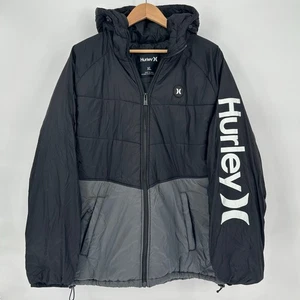 Hurley Thermal Wall Jacket XL Black Gray Hooded Zip Up Puffer Windbreaker EUC - Picture 1 of 7