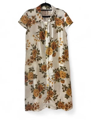 Vintage 100% Linen Button-up Shift Dress Size S Orange Floral Print Retro 70s - Image 1 of 4