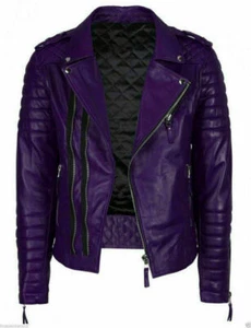 Men Genuine Lambskin Leather Unique Quilted Strapped Biker Purple Coat Jacket - Picture 1 of 11
