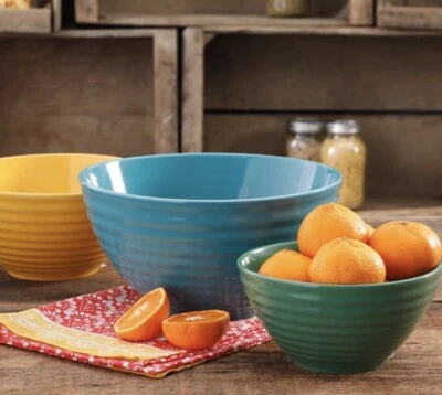 New Pioneer Woman FLEA MARKET 3 Piece Mixing Bowl Set RARE Green,Yellow And Blue - Image 1 of 2