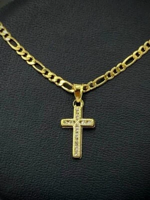 Men Women Cross CZ Pendant 14k Gold Filled Figaro Chain Necklace Baby Kids 17x10 - Image 1 of 4