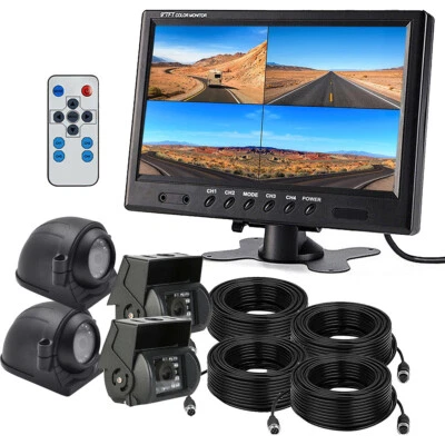 9" Quad Split Screen Monitor+ 4x Side View Backup Camera System For RV Truck Bus - Image 1 of 4