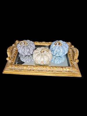 Vintage Ornate Mirror Tray with 3 Decorative Pumpkins~Blue & Gold~ Centerpiece  - Image 1 of 4